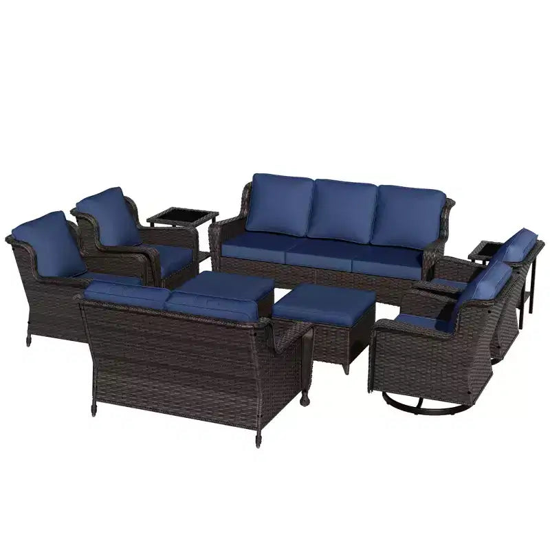 Conjunto exterior premium de 10 piezas UPTIOT: sofá de 3 plazas, sofá biplaza, 2 sillones mecedores giratorios, 2 sillas, 2 otomanas y 2 mesas de centro