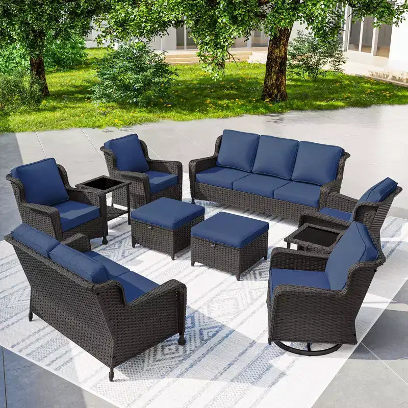 Conjunto exterior premium de 10 piezas UPTIOT: sofá de 3 plazas, sofá biplaza, 2 sillones mecedores giratorios, 2 sillas, 2 otomanas y 2 mesas de centro