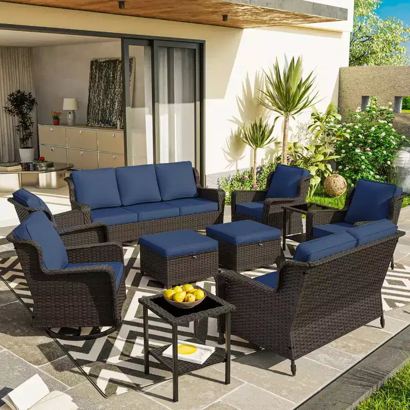 Conjunto exterior premium de 10 piezas UPTIOT: sofá de 3 plazas, sofá biplaza, 2 sillones mecedores giratorios, 2 sillas, 2 otomanas y 2 mesas de centro