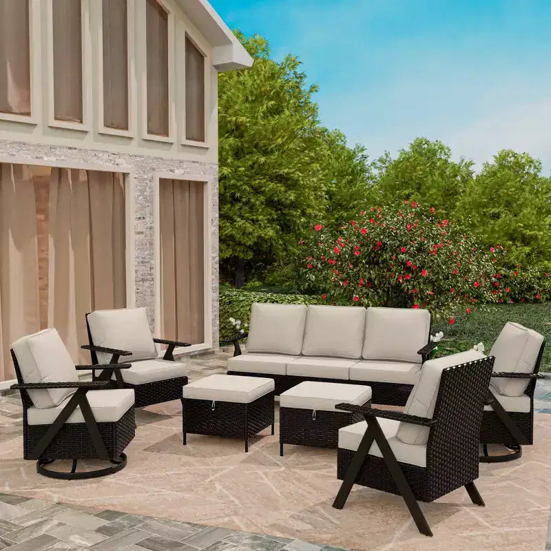Conjunto de asientos para exterior de 7 piezas UPTIOT: sofá de 3 plazas, 2 mecedoras giratorias, 2 sillas individuales y 2 otomanas para mayor comodidad en el patio