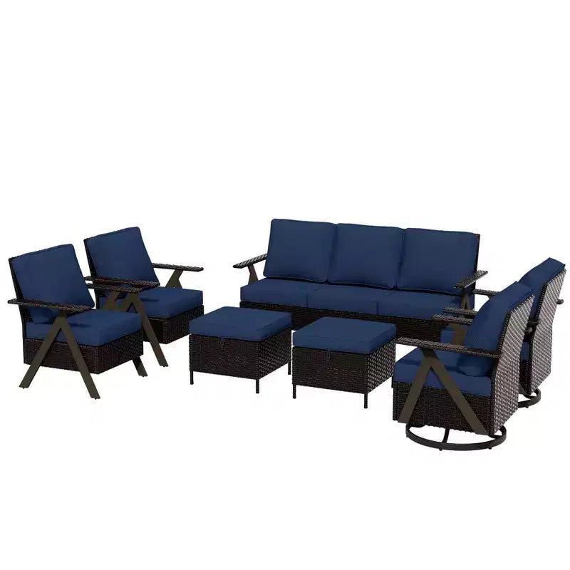 Conjunto de asientos para exterior de 7 piezas UPTIOT: sofá de 3 plazas, 2 mecedoras giratorias, 2 sillas individuales y 2 otomanas para mayor comodidad en el patio