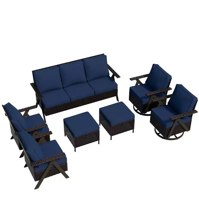 Conjunto de asientos para exterior de 7 piezas UPTIOT: sofá de 3 plazas, 2 mecedoras giratorias, 2 sillas individuales y 2 otomanas para mayor comodidad en el patio