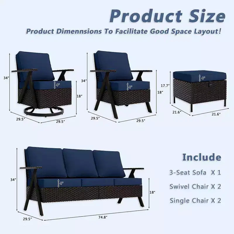 Conjunto de asientos para exterior de 7 piezas UPTIOT: sofá de 3 plazas, 2 mecedoras giratorias, 2 sillas individuales y 2 otomanas para mayor comodidad en el patio