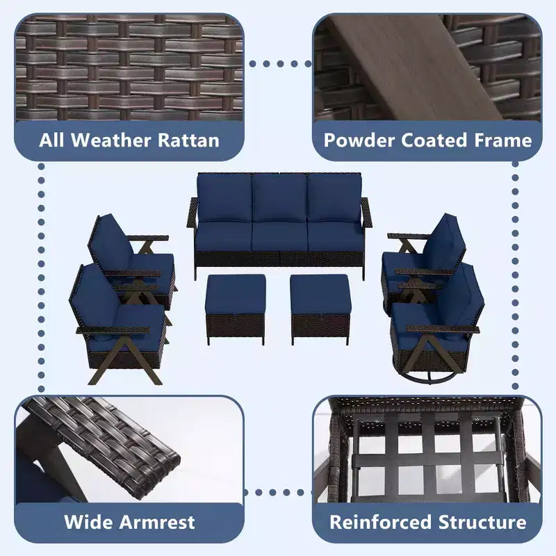 Conjunto de asientos para exterior de 7 piezas UPTIOT: sofá de 3 plazas, 2 mecedoras giratorias, 2 sillas individuales y 2 otomanas para mayor comodidad en el patio