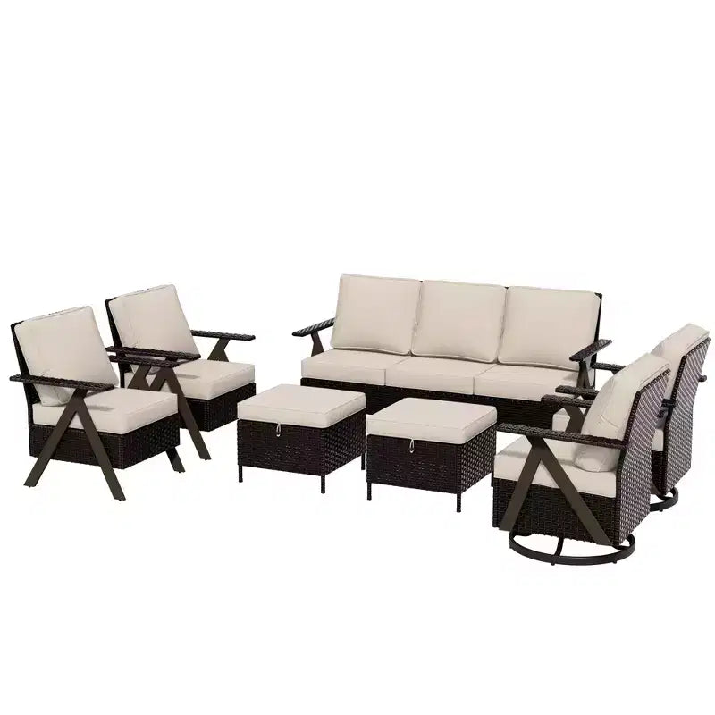 Conjunto de asientos para exterior de 7 piezas UPTIOT: sofá de 3 plazas, 2 mecedoras giratorias, 2 sillas individuales y 2 otomanas para mayor comodidad en el patio