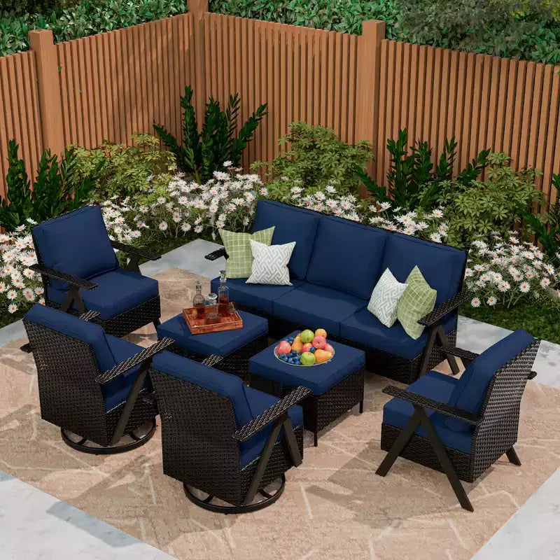 Conjunto de asientos para exterior de 7 piezas UPTIOT: sofá de 3 plazas, 2 mecedoras giratorias, 2 sillas individuales y 2 otomanas para mayor comodidad en el patio