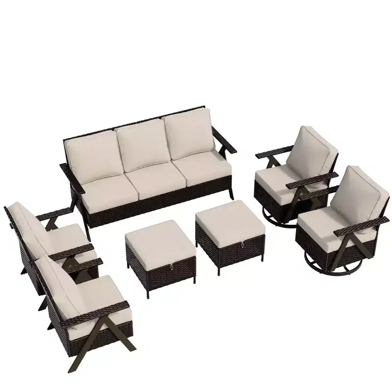 Conjunto de asientos para exterior de 7 piezas UPTIOT: sofá de 3 plazas, 2 mecedoras giratorias, 2 sillas individuales y 2 otomanas para mayor comodidad en el patio