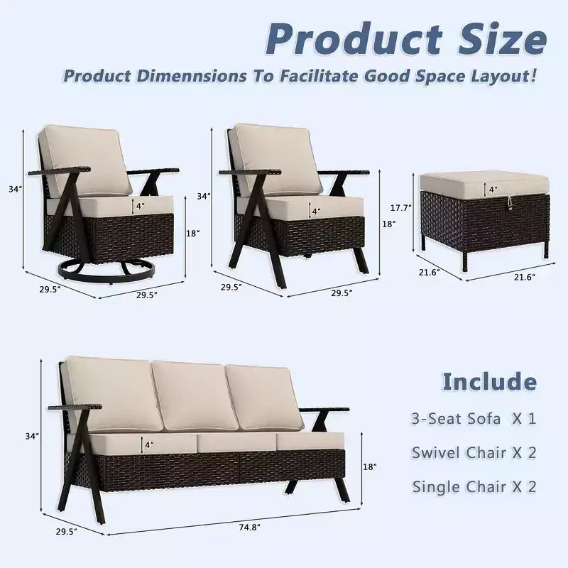 Conjunto de asientos para exterior de 7 piezas UPTIOT: sofá de 3 plazas, 2 mecedoras giratorias, 2 sillas individuales y 2 otomanas para mayor comodidad en el patio