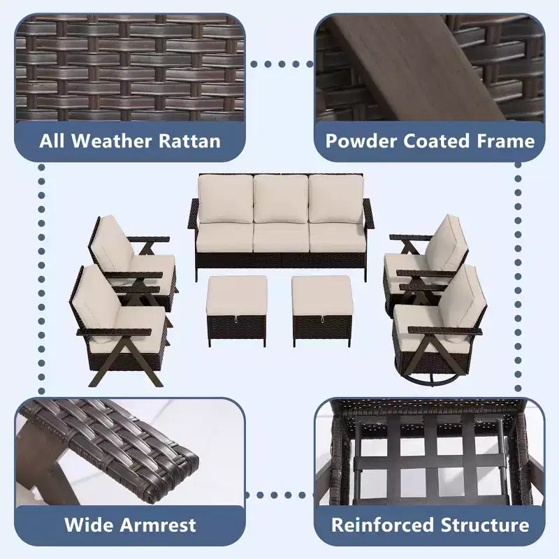 Conjunto de asientos para exterior de 7 piezas UPTIOT: sofá de 3 plazas, 2 mecedoras giratorias, 2 sillas individuales y 2 otomanas para mayor comodidad en el patio