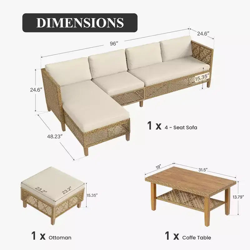 Conjunto de sofás seccionales de mimbre y ratán para patio Captiva Designs, conjunto de conversación con otomana y cojines