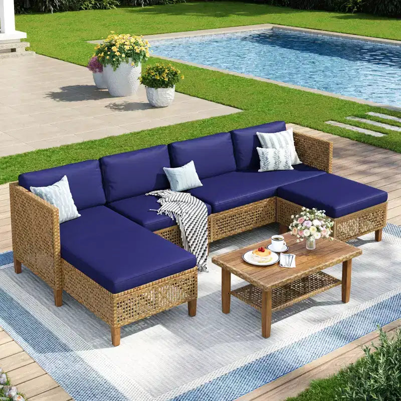 Conjunto de sofás seccionales de mimbre y ratán para patio Captiva Designs, conjunto de conversación con otomana y cojines