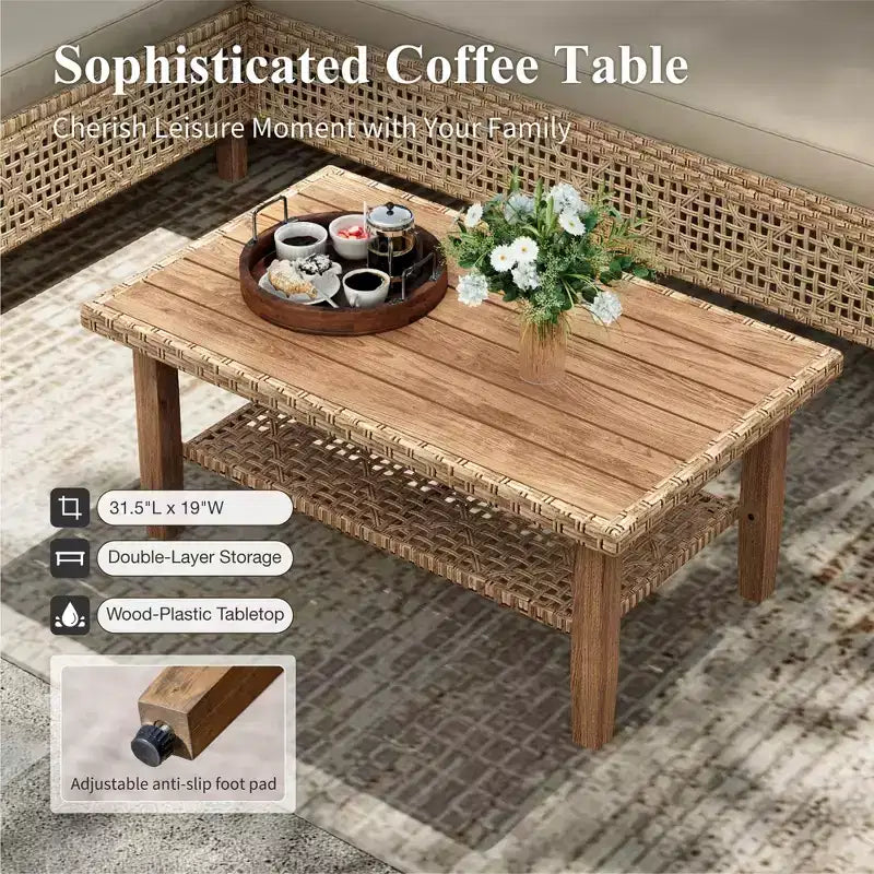 Conjunto de sofás seccionales de mimbre y ratán para patio Captiva Designs, conjunto de conversación con otomana y cojines