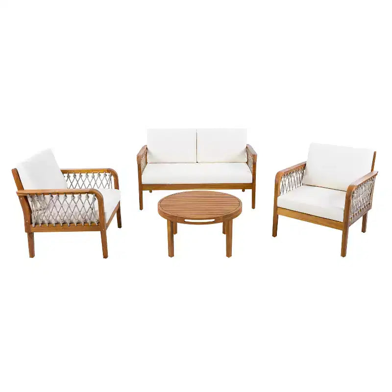 Conjunto de asientos exterior de 4 piezas Yuna Farmhouse de Christopher Knight Home, de madera de acacia, con mesa redonda de listones