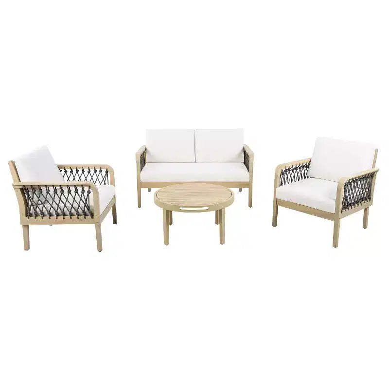 Conjunto de asientos exterior de 4 piezas Yuna Farmhouse de Christopher Knight Home, de madera de acacia, con mesa redonda de listones