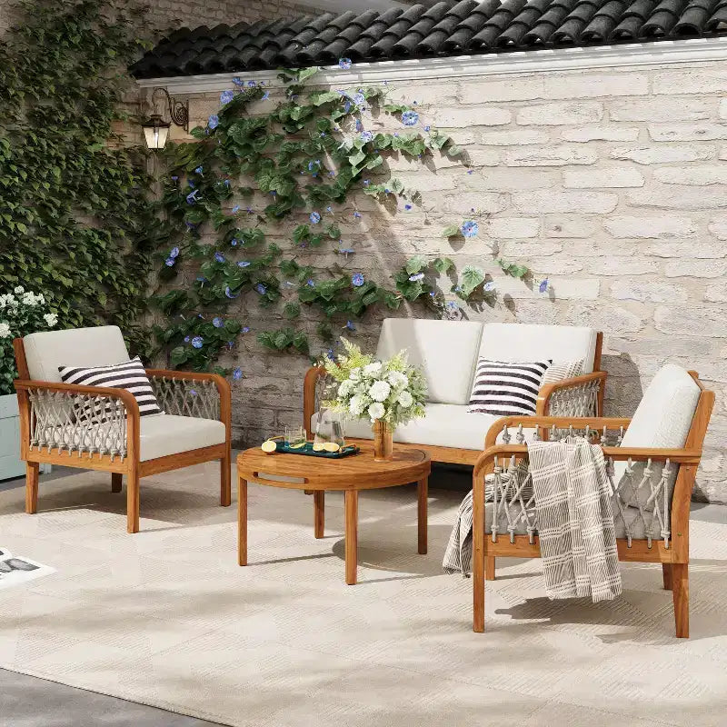 Christopher Knight Home Yuna Farmhouse 4 Piece Outdoor Acacia Wood Seating Set with Slatted Round Table