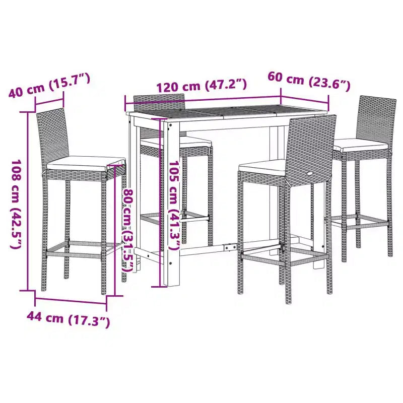 Conjunto de bar para patio vidaXL - madera maciza y poliratán en varios colores