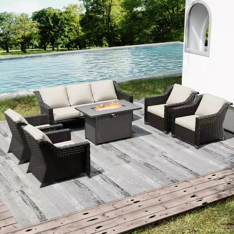 Juego de patio exterior UPTIOT con mesa con brasero, sofá y sillas para reuniones en el patio trasero