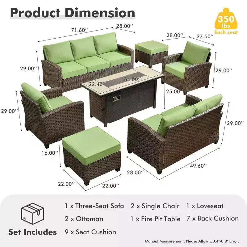 Ensemble de salon en osier HOMLUX de 7 pièces, canapé 3 places, causeuse, fauteuils en rotin, poufs et brasero pour le jardin