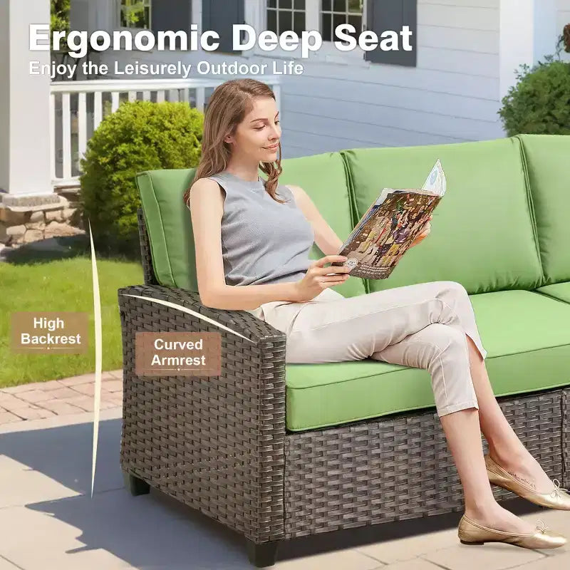 Ensemble de salon en osier HOMLUX de 7 pièces, canapé 3 places, causeuse, fauteuils en rotin, poufs et brasero pour le jardin