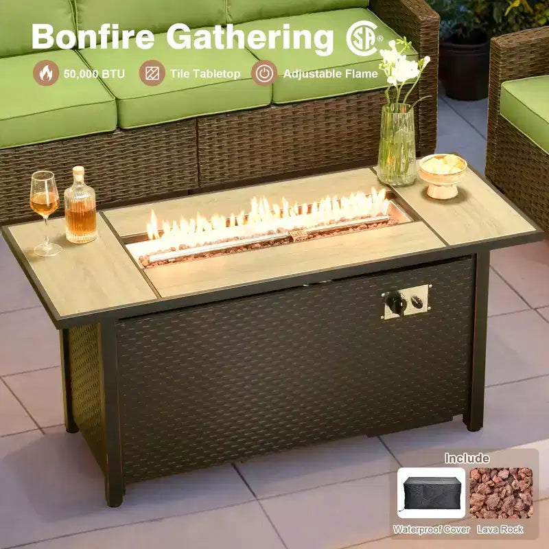 Ensemble de salon en osier HOMLUX de 7 pièces, canapé 3 places, causeuse, fauteuils en rotin, poufs et brasero pour le jardin