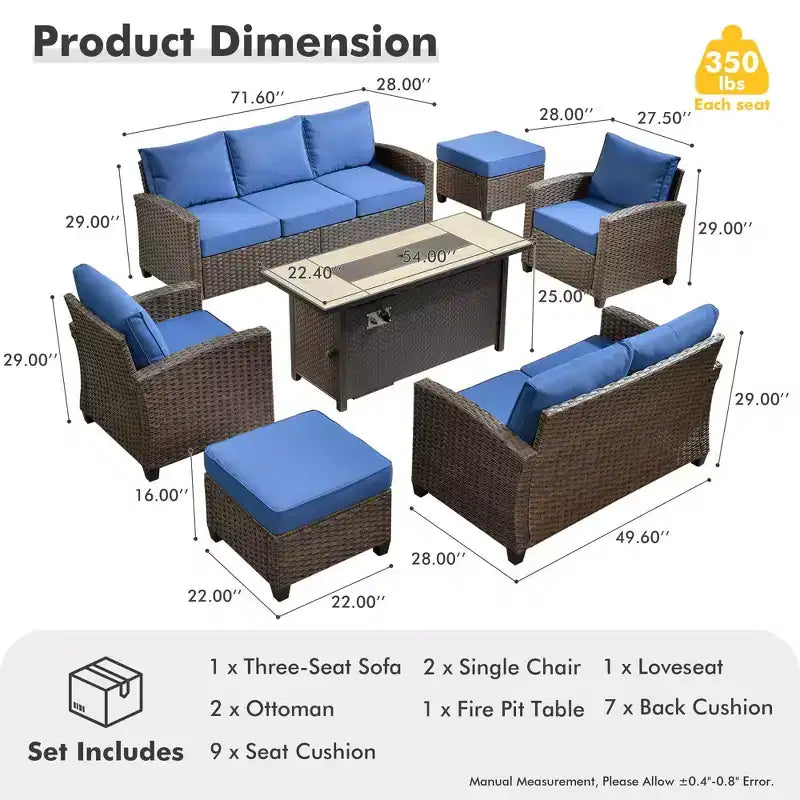 Ensemble de salon en osier HOMLUX de 7 pièces, canapé 3 places, causeuse, fauteuils en rotin, poufs et brasero pour le jardin