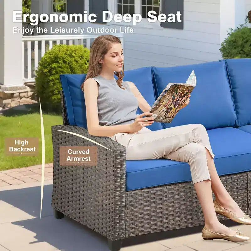 Ensemble de salon en osier HOMLUX de 7 pièces, canapé 3 places, causeuse, fauteuils en rotin, poufs et brasero pour le jardin