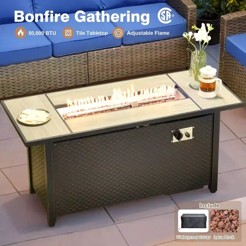 Ensemble de salon en osier HOMLUX de 7 pièces, canapé 3 places, causeuse, fauteuils en rotin, poufs et brasero pour le jardin