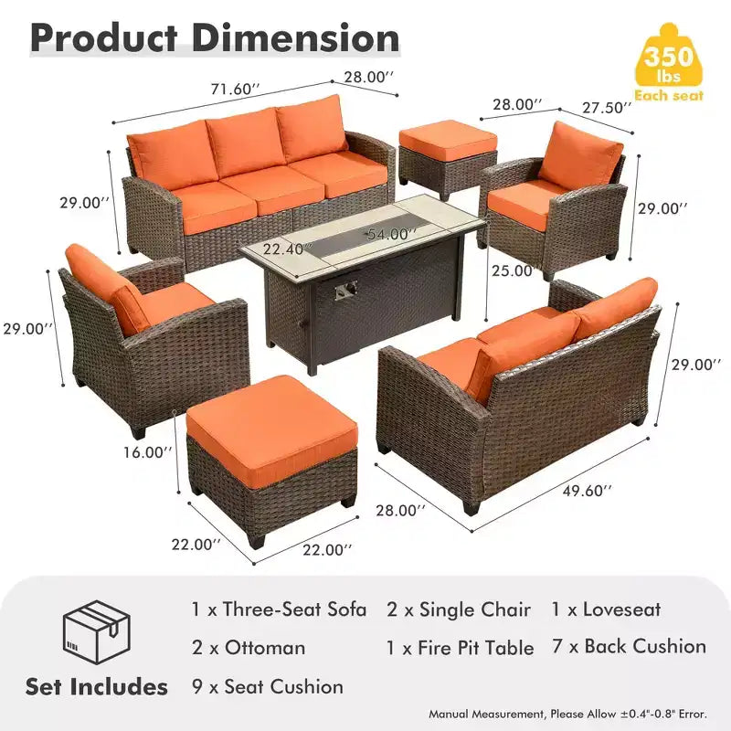 Ensemble de salon en osier HOMLUX de 7 pièces, canapé 3 places, causeuse, fauteuils en rotin, poufs et brasero pour le jardin