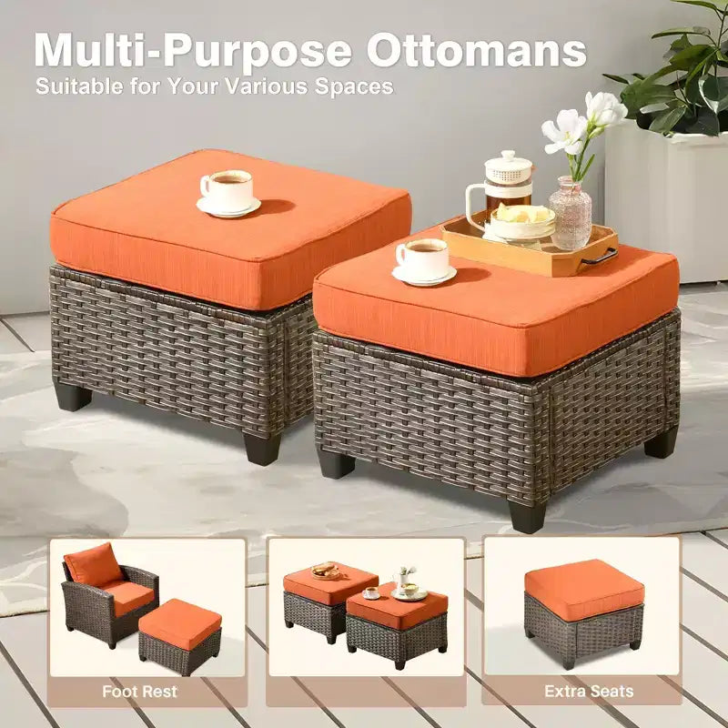 Ensemble de salon en osier HOMLUX de 7 pièces, canapé 3 places, causeuse, fauteuils en rotin, poufs et brasero pour le jardin