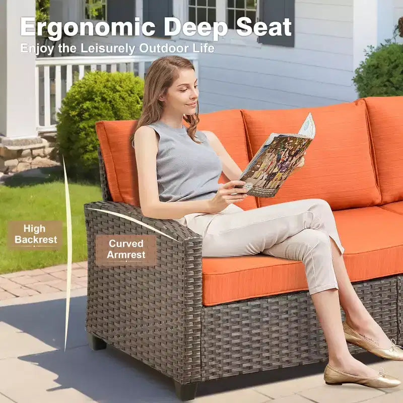 Ensemble de salon en osier HOMLUX de 7 pièces, canapé 3 places, causeuse, fauteuils en rotin, poufs et brasero pour le jardin