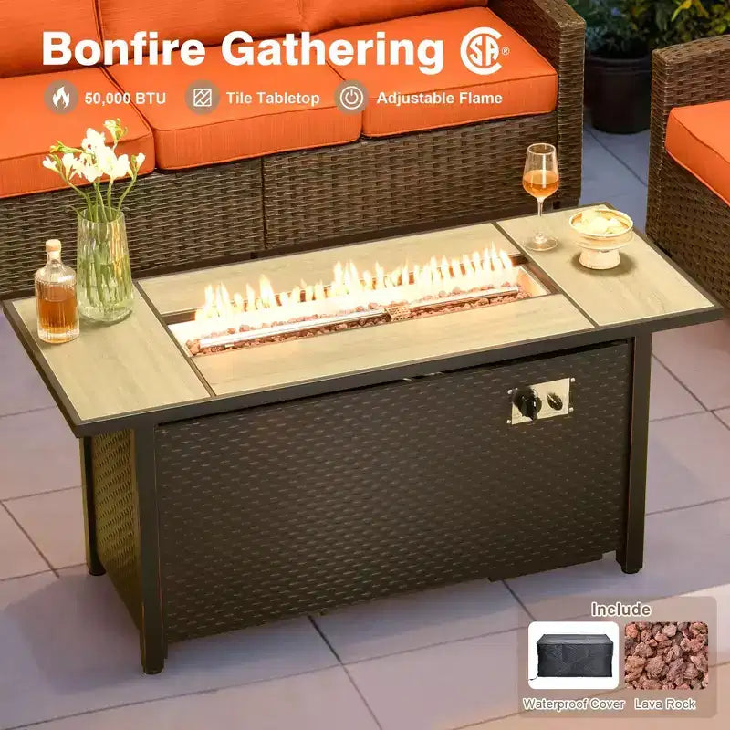 Ensemble de salon en osier HOMLUX de 7 pièces, canapé 3 places, causeuse, fauteuils en rotin, poufs et brasero pour le jardin