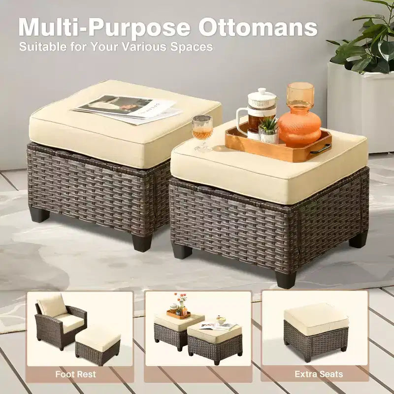 Ensemble de salon en osier HOMLUX de 7 pièces, canapé 3 places, causeuse, fauteuils en rotin, poufs et brasero pour le jardin
