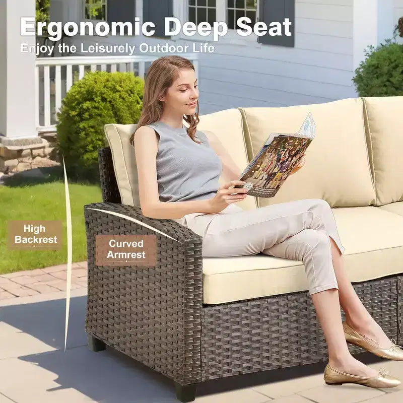Ensemble de salon en osier HOMLUX de 7 pièces, canapé 3 places, causeuse, fauteuils en rotin, poufs et brasero pour le jardin