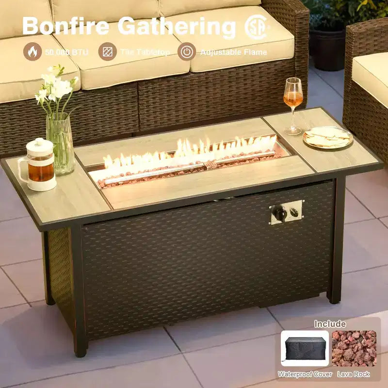Ensemble de salon en osier HOMLUX de 7 pièces, canapé 3 places, causeuse, fauteuils en rotin, poufs et brasero pour le jardin