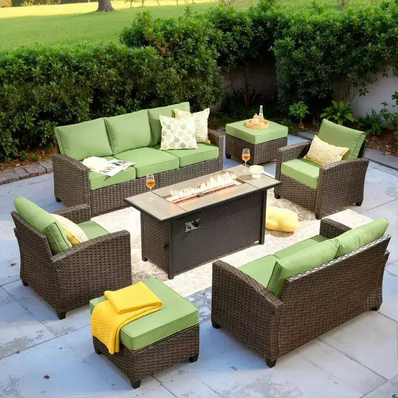 Conjunto de conversación de mimbre HOMLUX de 7 piezas, sofá de 3 plazas, sofá biplaza, sillas de ratán, reposapiés y brasero para el jardín y el patio trasero