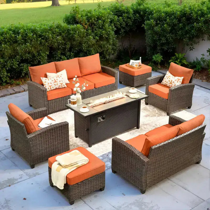 Conjunto de conversación de mimbre HOMLUX de 7 piezas, sofá de 3 plazas, sofá biplaza, sillas de ratán, reposapiés y brasero para el jardín y el patio trasero