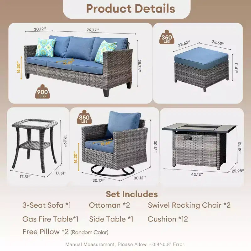 Juego de sillas para patio con brasero HOMLUX de 7 piezas, con sillas giratorias y mesa con brasero, resistente a la intemperie