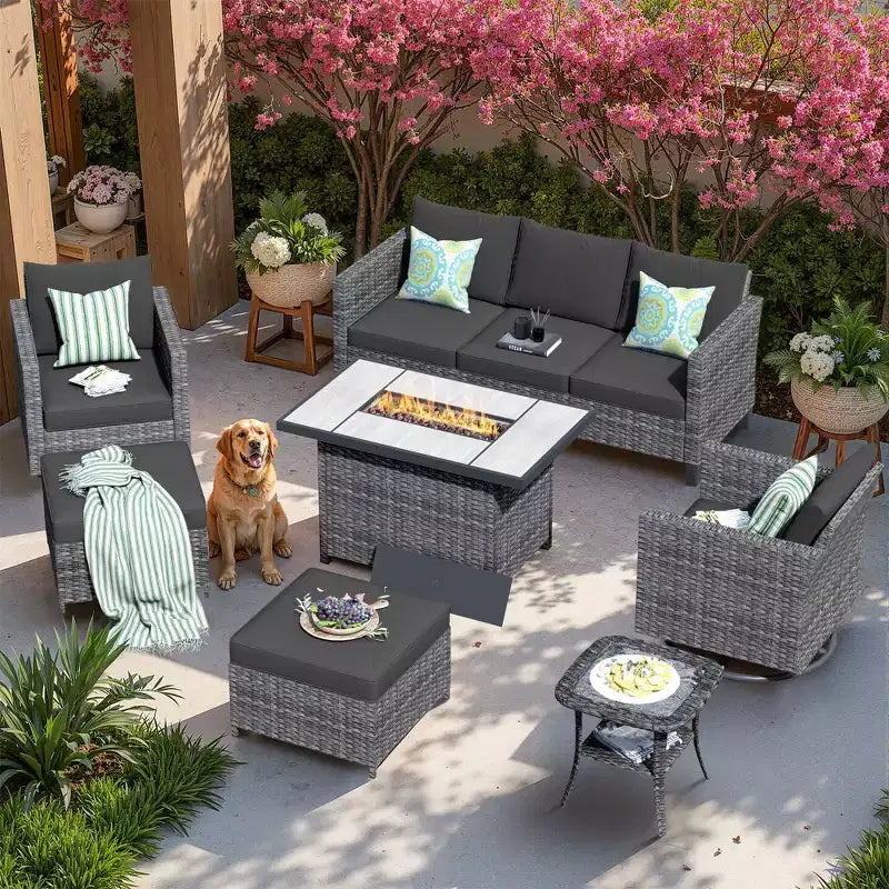 Juego de sillas para patio con brasero HOMLUX de 7 piezas, con sillas giratorias y mesa con brasero, resistente a la intemperie