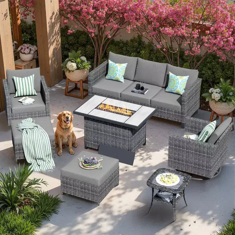 Juego de sillas para patio con brasero HOMLUX de 7 piezas, con sillas giratorias y mesa con brasero, resistente a la intemperie