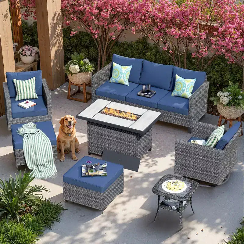 Juego de sillas para patio con brasero HOMLUX de 7 piezas, con sillas giratorias y mesa con brasero, resistente a la intemperie