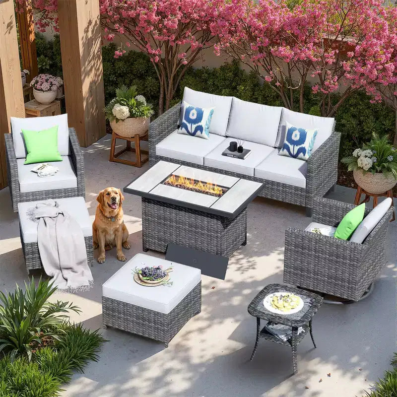 Juego de sillas para patio con brasero HOMLUX de 7 piezas, con sillas giratorias y mesa con brasero, resistente a la intemperie