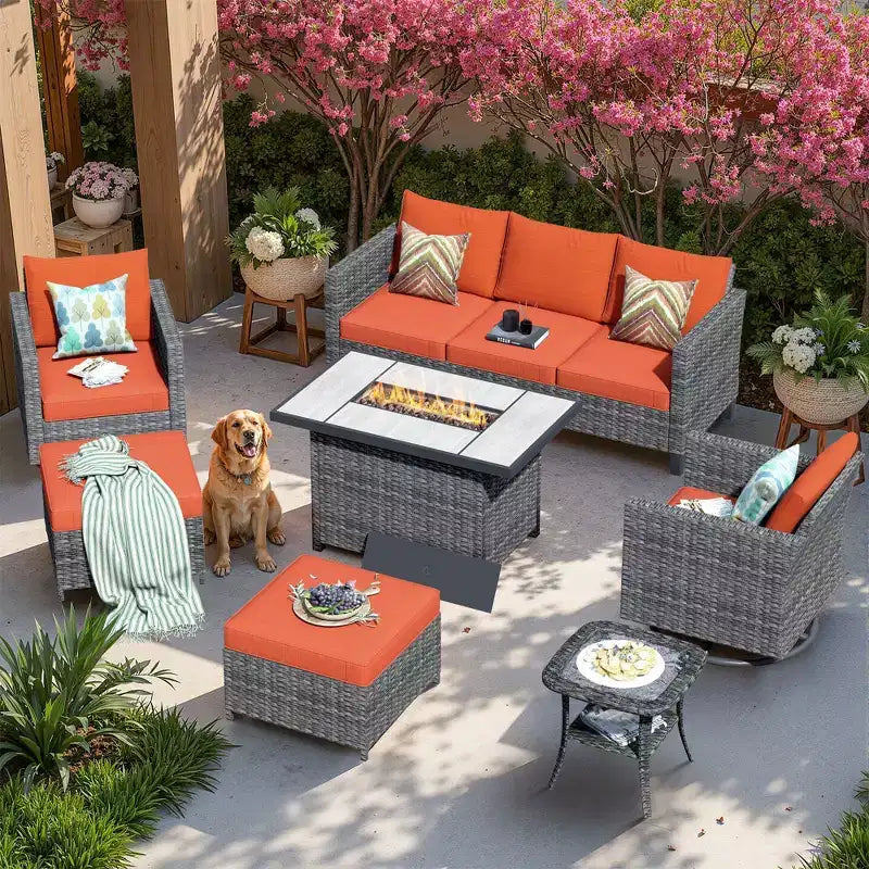 Juego de sillas para patio con brasero HOMLUX de 7 piezas, con sillas giratorias y mesa con brasero, resistente a la intemperie