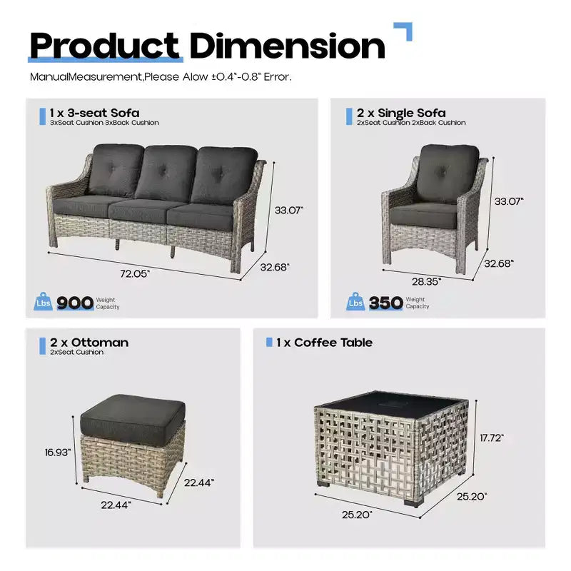 HOMLUX ensemble de conversation de patio en osier de 6 PCS avec canapé 3 places avec coussin, chaises en rotin, poufs et table basse