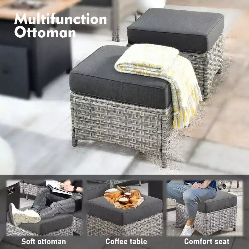 HOMLUX ensemble de conversation de patio en osier de 6 PCS avec canapé 3 places avec coussin, chaises en rotin, poufs et table basse