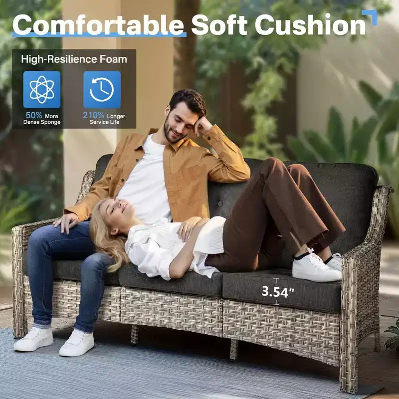 HOMLUX ensemble de conversation de patio en osier de 6 PCS avec canapé 3 places avec coussin, chaises en rotin, poufs et table basse