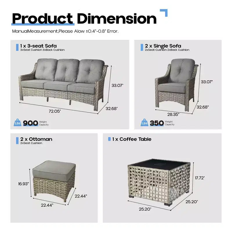 HOMLUX ensemble de conversation de patio en osier de 6 PCS avec canapé 3 places avec coussin, chaises en rotin, poufs et table basse