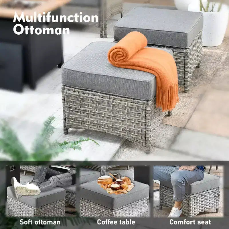 HOMLUX ensemble de conversation de patio en osier de 6 PCS avec canapé 3 places avec coussin, chaises en rotin, poufs et table basse