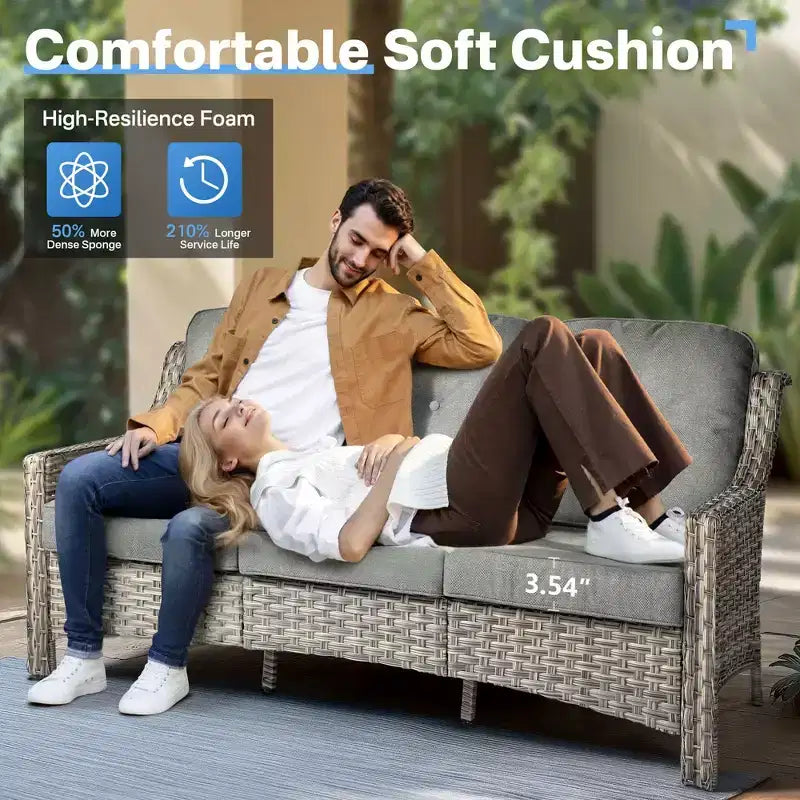 HOMLUX ensemble de conversation de patio en osier de 6 PCS avec canapé 3 places avec coussin, chaises en rotin, poufs et table basse