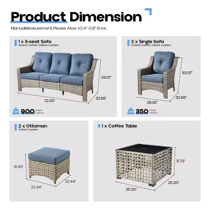 HOMLUX ensemble de conversation de patio en osier de 6 PCS avec canapé 3 places avec coussin, chaises en rotin, poufs et table basse