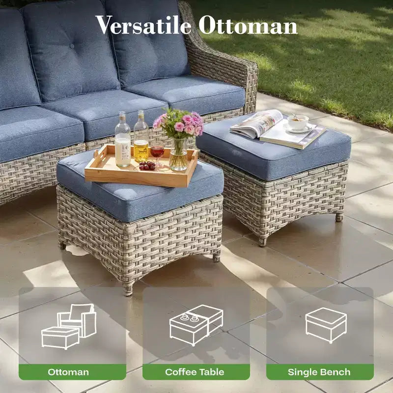 HOMLUX ensemble de conversation de patio en osier de 6 PCS avec canapé 3 places avec coussin, chaises en rotin, poufs et table basse